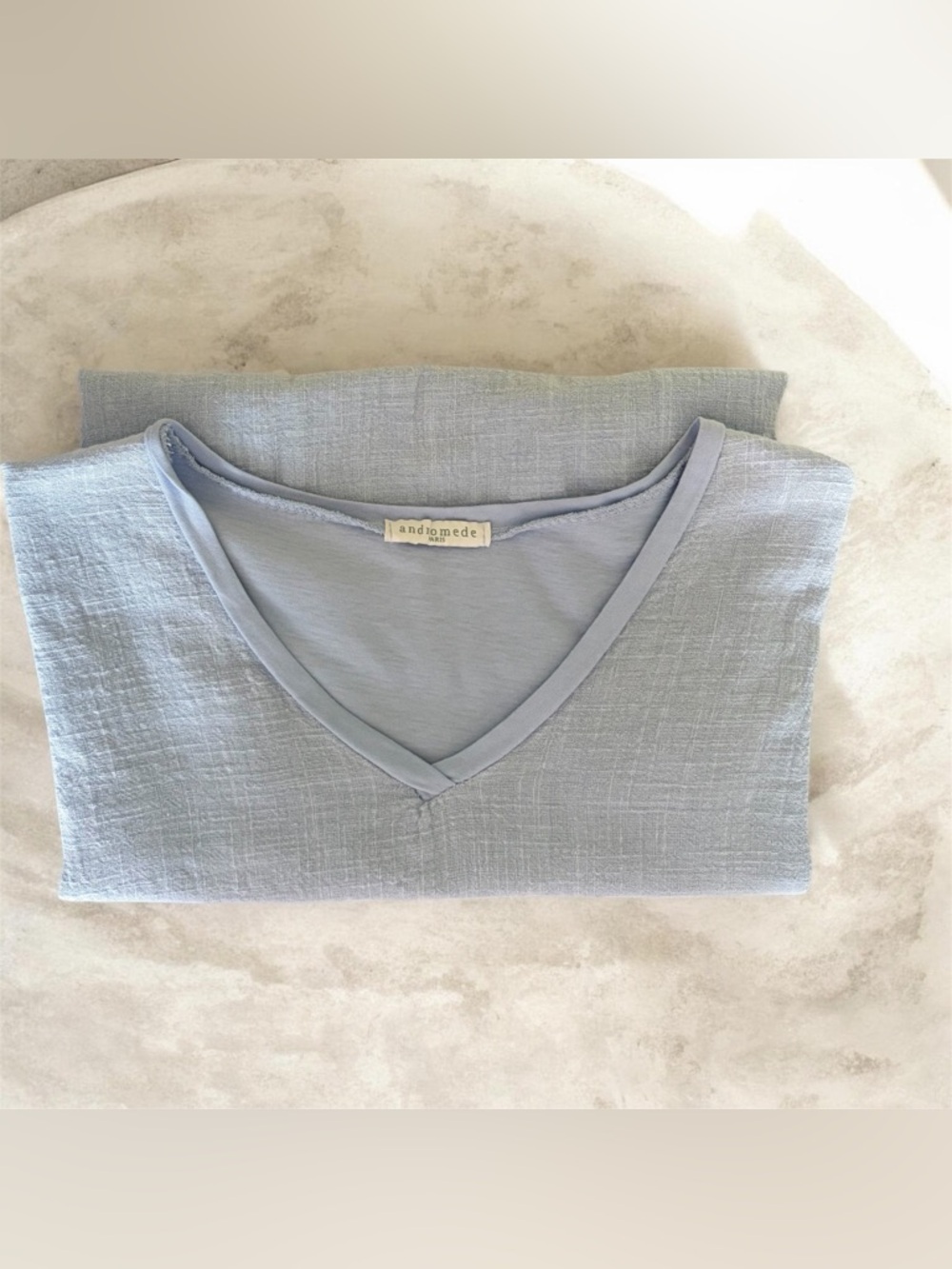 Baby Blue Tee Linen Cotton Cap Sleeve Loose Fit V Neck Like New
